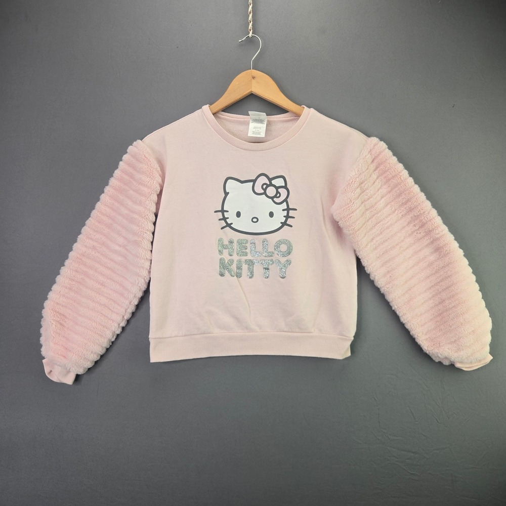 Hello Kitty Sanrio Sweatshirt Faux Fur Sleeve Size 12 Pink Glitter Pullover